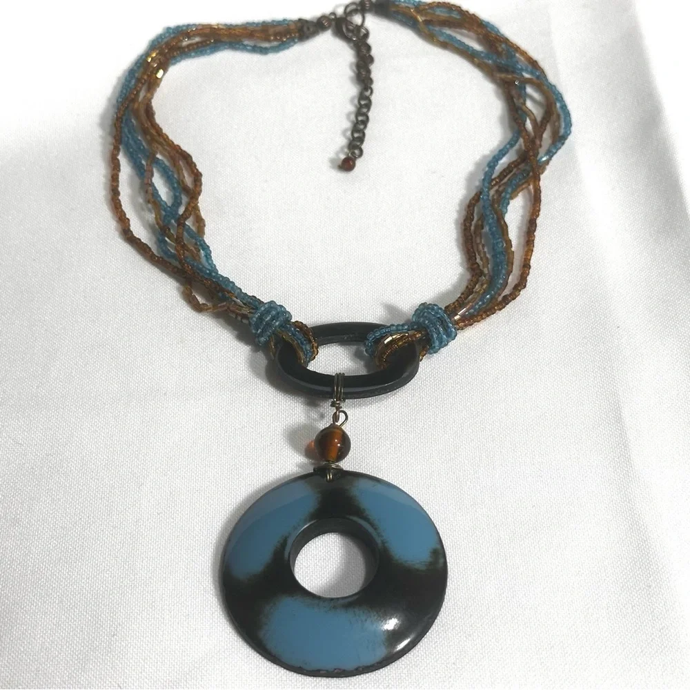 Turquoise Blue & Amber Brown Boho Seed Bead Pendant Statement Necklace